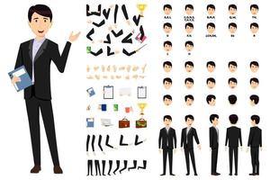 tecknad affärsman karaktär stående med mapp med animation set med olika position poser läppar synk för mun animation händer set ben set vektor