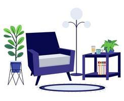 Wohnzimmer Arbeitsplatz für Freelancer Home Office mit Stehlampe Sofa und Schrank und mit Zimmerpflanze vektor