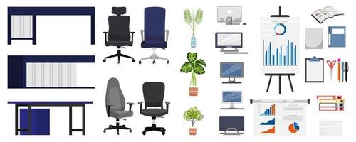 Geräteset für das Büro Home Office mit Stuhl, Tisch, PC, Laptop, PC-Platine, isoliert auf weißem Hintergrund