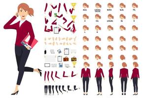 tecknad affärskvinna karaktär står med arkivmapp och pratar med telefon med animation set med olika position poser läppar synk för mun animation händer set ben set isolerade vektor
