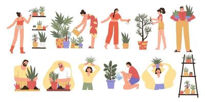 Set mit Menschen, die sich um Damenpflanzen kümmern. vektorillustration handgezeichnete illustration vektor