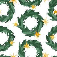 Nahtlose Muster Weihnachtsdekoration Kränze, immergrüne Zweige, Kiefer, Sterne. Tür Kranz. Vektor-Weihnachtskranz isoliert auf weißem Hintergrund vektor