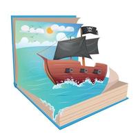 Illustration eines Schiffes, das in einem offenen Buch auf weißem Hintergrund zu einer Insel im Meer reist vektor