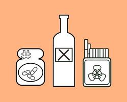 vektor illustration beroende pack alkohol, drogpiller och cigaretter. dålig vana rökare, fyllare, knarkare. linjekonst bra för elementdesign