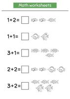 Mathe-Spiel für Kinder im Vorschul- und Schulalter. zähle und setze die richtigen Zahlen ein. Zusatz. gekritzel fisch. Malseite. vektor
