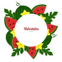 rund dekorativ vektorram av ljusa vattenmeloner, löv och vattenmelonblommor vektor