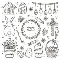 satz süßer osterkritzeleien - hase, vogelhaus, osterkuchen und eier in einem korb, frühlingsblumen, dekorationen und schmetterlinge. vektor handgezeichnete illustration. perfekt für Urlaubsdesigns, Karten.