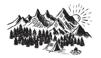 camping i naturen, bergslandskap, skiss stil, vektorillustrationer. vektor