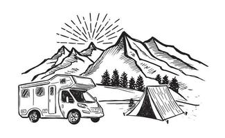 camping i naturen, husbil, bergslandskap, handritad stil, vektorillustrationer. vektor