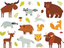 Farbvektorsatz von Waldtieren isolierter Hintergrund. ein Moos, ein Bär, ein Hirsch, ein Bison, ein Dachs, ein Fuchs, ein Igel, eine Eule, ein Hase, ein Waschbär, ein Wolf.