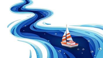 Papierkunst Segelboot am Meer, erholsamer Urlaub mit gemütlichem Segeltörn vektor