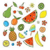 sommerfruchtset - wassermelone, ananas, banane, birne, aprikose, pflaume, zitrone, erdbeeren, kirschen und blaubeeren. Lebensmittelillustrationssammlung gezeichnet in Gekritzelart auf weißem Hintergrund vektor