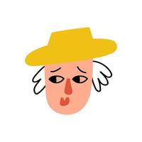 Hand gezeichnetes Gesicht einer jungen Frau, die einen Hut trägt, isoliert auf weißem Hintergrund. trendiger lustiger cartoon weiblicher kopf. bunter Menschen-Avatar. Vektor-Illustration vektor