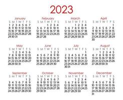 Kalendervorlage für das Jahr 2023 im einfachen minimalistischen Stil, Woche beginnt am Sonntag, Vektorseite zum Ausdrucken vektor