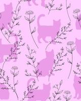 Muster-Silhouette-Katze mit botanischen vektor