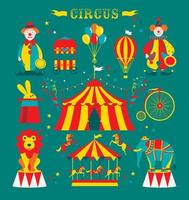 satz zirkus mit clownzelthutkaninchenelefantenballonen auf blauem muster vektor