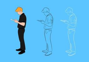 Grafiken zeichnen Geschäftsmann stehen und verwenden Smartphone für die Verbindung Online-Technologie-Vektorillustration vektor