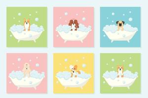 frisörsalong. uppsättning banner för skönhetssalong. vektor illustration i tecknad stil. söta hundar i ett bubbelbad. djurvård.