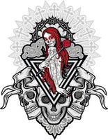 gotisches Zeichen mit Schädel und Mädchen mit Schädel Make-up, Grunge Vintage Design T-Shirts vektor