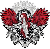 gotisches Zeichen mit Schädel und Mädchen mit Schädel Make-up, Grunge Vintage Design T-Shirts vektor