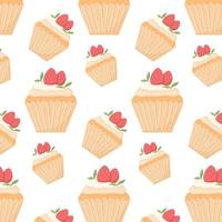 mönster med cupcake och jordgubbar. mönster med bulle och grädde. vektor illustration i tecknad stil.