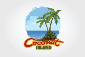 Vorlage für das Logo der Kokosnussinsel. inselillustration mit coconur-baum. Das Coconut Island-Logo ist vollständig anpassbar und kann leicht an Ihre Bedürfnisse angepasst werden. vektor