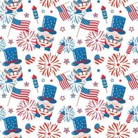 4 juli patriotiska tomtar med fyrverkerier, amerikanska flaggor, hjärtan. vektor seamless mönster. isolerad på vit bakgrund. söt design för digitalt papper, bakgrund.