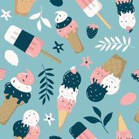 Cartoon Sommer süßes Dessert, Eis, Blätter nahtloses Muster in Pastellfarben auf blauem Hintergrund. design mit gefrorenen cremigen desserts, waffelkegeln. vektor