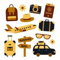uppsättning resor vektorillustration - plan, bil, pass, glasögon, ryggsäck, hatt, kamera, resväska. sommarsäsongen reseresa. vektor