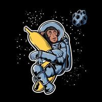 astronautenaffe, der banane in der weltraumillustration umarmt vektor