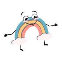 söt regnbåge karaktär med glada känslor, glada ansikte, leende ögon, armar och ben. person med roliga uttryck och pose. platt vektor illustration