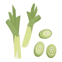 grüner Lauch. Log-Vitamin-Food-Symbol, Gerichtzubereitung, Wurzel und geschnittene Kreise. flache vektorillustration vektor