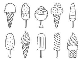 handritad uppsättning av glass doodle. söta desserter. eskimå, våffelstrut i skissstil. vektor illustration isolerad på vit bakgrund för café eller restaurang meny, födelsedagskort