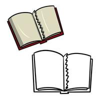 Farbset mit Skizzenbild, Malbuch. Ein altes offenes Buch mit einer zerrissenen Seite, Cartoon-Vektor-Illustration auf weißem Hintergrund vektor