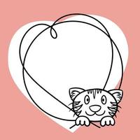 Ein herzförmiger Rahmen mit einem leeren Platz zum Kopieren, ein süßes lächelndes Kätzchen. Vektor monochrome Cartoon-Illustration, Skizze