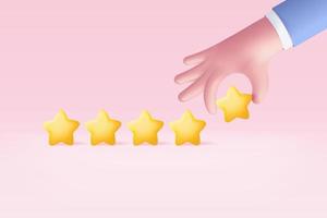 3d-hand geben fünf sterne für die besten exzellenten servicebewertungen für die zufriedenheit. 5 Sterne für hochwertiges Kundenbewertungs-Feedback-Konzept vom Kunden über Mitarbeiter, Produktbewertung. 3D-Vektor rendern vektor