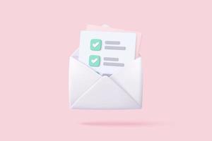 3D-Mail-Umschlag-Symbol mit Task-Management-Todo-Checkliste auf rosa Hintergrund. Minimaler E-Mail-Brief mit gelesenem Briefpapier, Aufgabe und Prüfung. Nachrichtenkonzept 3D-Vektor rendern isolierten Hintergrund vektor