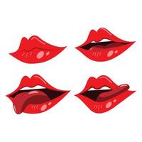 Sammlung roter Lippen. vektorillustration der lippen der sexy frau, die verschiedene emotionen ausdrücken, wie lächeln, halboffener mund, lippenlecken, zunge heraus. isoliert auf weiß. vektor