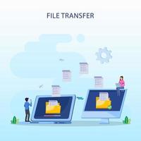 filöverföringskoncept, säkerhetskopiering av data, teknikmoln, uppladdning och nedladdning, platt vektormall vektor