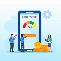 Kredit-Score-Vektorkonzept, Geschäftsleute prüfen Kredit-Score bei der Verwendung von Laptop und Smartphone. flacher Vektor