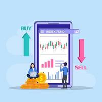 Indexfondskonzept. geschäftsleute, die eine diagrammvektorillustration eines wachstumsindexfonds analysieren. vektor