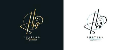 hw Initial-Signatur-Logo-Design im goldenen Handschriftstil. ursprüngliches h und w logo design für hochzeit, mode, schmuck, boutique und geschäftsmarkenidentität vektor