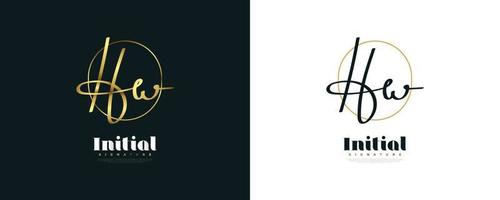 hw Initial-Signatur-Logo-Design im goldenen Handschriftstil. ursprüngliches h und w logo design für hochzeit, mode, schmuck, boutique und geschäftsmarkenidentität vektor