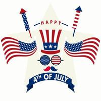 glad 4 juli, självständighetsdagen usa, america holiday, amerikansk flaggfyrverkeri uncle sam hatt vektorgrafik vektor