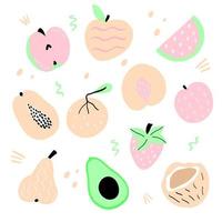 set med handritade fruktklotter. handritat äpple, jordgubb, vattenmelon, päron, kokos, avokado, persika och apelsin. vektor illustration
