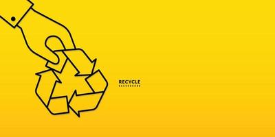 Hand, die das Recycling-Symbol mit dünner Linie auf gelbem Hintergrund hält, den Planeten und das Energiekonzept rettet vektor