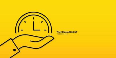Hand hält Uhr dünne Strichzeichnung Hintergrund. zeitmanagement und selbstorganisationskonzept vektor
