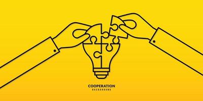 Hand halten Puzzle Glühbirne auf gelbem Hintergrund, Geschäftslösungen, Zusammenarbeit und Teamarbeit. Idee und Erfolgskonzept