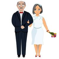 hochzeit älterer menschen. ein glücklicher mann und eine frau halten hände in offizieller kleidung. Vektor-Cartoon-Illustration. Jungvermählten. Liebesbeziehungen. Illustration für eine Postkarte. vektor