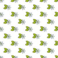 Vektor einfaches nahtloses Muster mit kleinen weißen Blüten und grünen Blättern im kindlichen Cartoon-Stil. illustration für verpackung, textilien, tapeten.